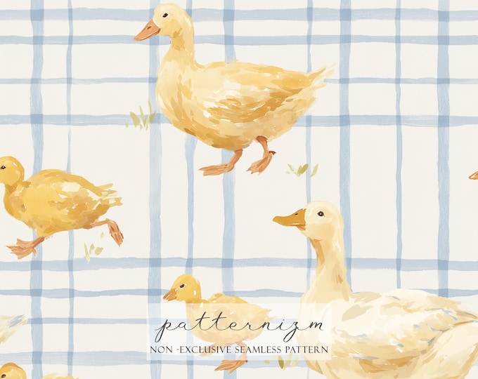 Watercolor Ducks Gingham Seamless Pattern – Cute Mother Duck & Ducklings Blue Check Farm Nursery Fabric Repeat