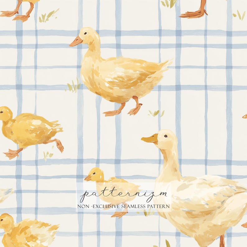 May include: Watercolor illustration of yellow ducks on a white background with a blue plaid pattern. The ducks are in various poses, some walking and others standing. The text "patternizm" and "NON - EXCLUSIVE SEAMLESS PATTERN" are at the bottom.