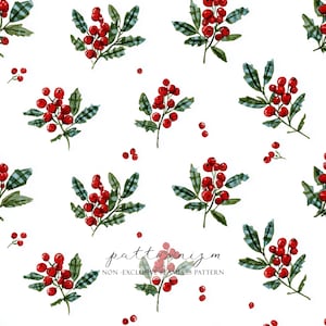 May include: A seamless pattern featuring watercolor illustrations of red berries and green leaves with blue plaid accents on a white background. The pattern includes the text "patternizm" and "NON - EXCLUSIVE SEAMLESS PATTERN".