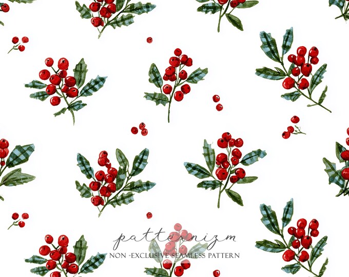 Watercolor Mistletoe Seamless Pattern Digital Paper – Christmas Botanical Repeat Design for Holiday Fabric & Crafts