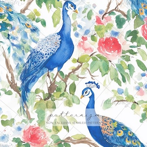Peacock Floral Seamless Pattern Digital Download, Watercolor Garden Bird Repeat Design