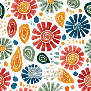Könnte beinhalten: Nahtloses Aquarellmuster mit abstrakten Blumen und Formen in Rot, Orange, Blau und Grün auf weißem Hintergrund. Das Design umfasst Spiralen und Tropfenformen, mit dem Text "patternizm NON EXCLUSIVE SEAMLESS PATTERN".