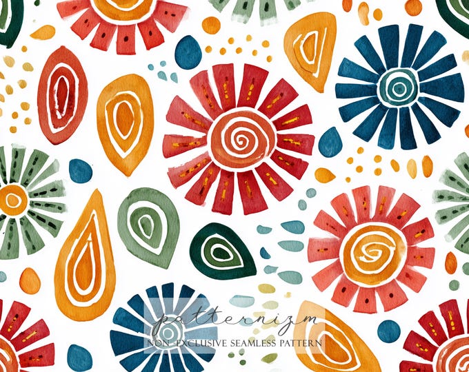 Tribal Floral Seamless Pattern – Bold Watercolor Folk Motifs in Red, Green, Blue and Orange for Crafts & Digital Use