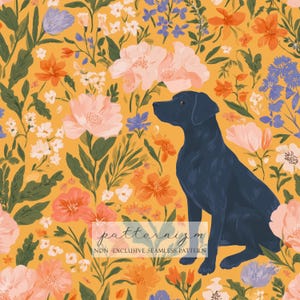 May include: A seamless pattern with a black Labrador Retriever dog surrounded by colourful flowers. The design includes peach, orange, and blue flowers on a yellow background. The text "patternizm" and "NON-EXCLUSIVE SEAMLESS PATTERN" are at the bottom.