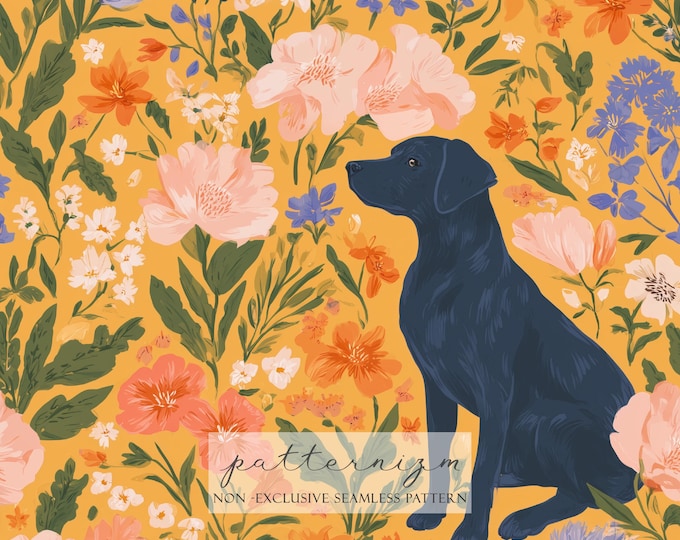Floral Dog Seamless Pattern – Black Labrador with Wild Garden Flowers, Whimsical Repeat Design for Fabric & Gifts