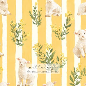 May include: Seamless pattern featuring white lambs, yellow flowers, and green leaves on a yellow and white striped background. The text "patternizm" and "NON - EXCLUSIVE SEAMLESS PATTERN" are visible.