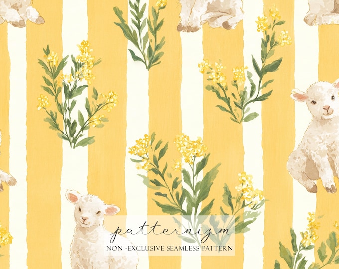 Watercolor Lamb Gingham Pattern Digital Paper – Yellow Checkered Stripes with Lambs, Nursery Seamless Design