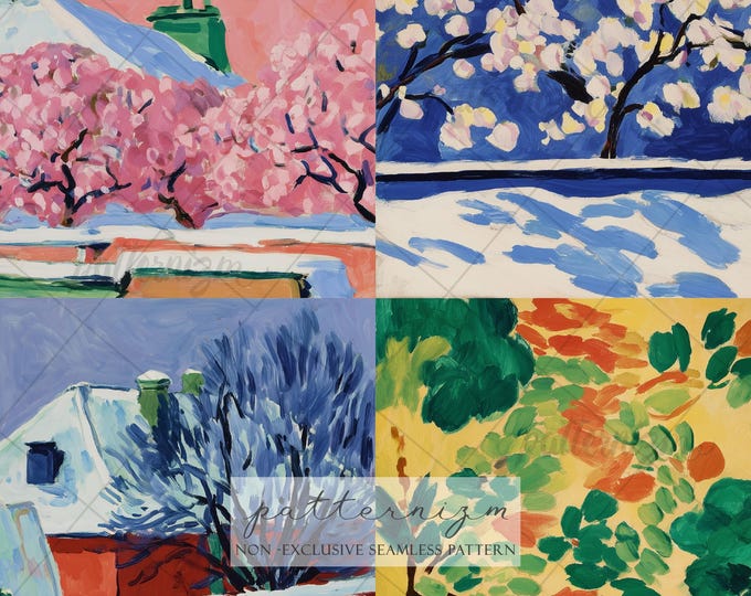 Four Seasons Seamless Pattern Digital Download – Seasonal Landscape Art, Spring Summer Autumn Winter Design, Painterly Nature Repeat Pattern
