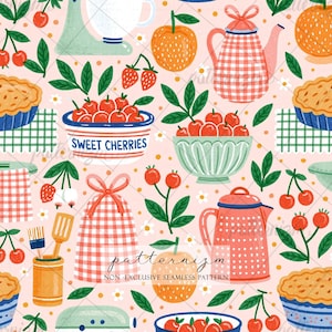 May include: A seamless pattern featuring kitchen and baking elements on a pink background. The design includes bowls of cherries labeled "Sweet Cherries", pie, teapots, oranges, strawberries, and a stand mixer. Green leaves and white flowers are scattered throughout.