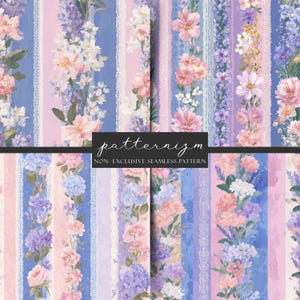 Könnte beinhalten: Ein digitales nahtloses Musterdesign mit vertikalen Streifen in Blau, Rosa und Lila. Blumenarrangements mit rosa, weißen und lila Blumen sind mit spitzenartigen Details durchsetzt. Der Text "patternizm" und "NON-EXCLUSIVE SEAMLESS PATTERN" sind sichtbar.