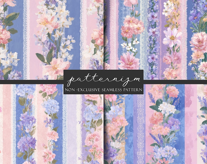 4 Seamless Floral Stripe Pattern, Lavender Blue Pink Flowers with Lace Borders, Cottagecore Fabric Print, Romantic Wallpaper Download