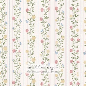 May include: A seamless pattern featuring vertical rows of climbing vines with pink, yellow, and blue flowers. The background is a soft white with subtle pink and blue striped accents. The text "patternizm" and "NON-EXCLUSIVE SEAMLESS PATTERN" are at the bottom.