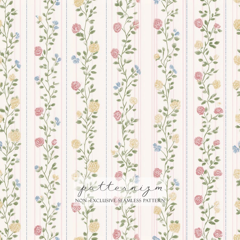 May include: A seamless pattern featuring vertical rows of climbing vines with pink, yellow, and blue flowers. The background is a soft white with subtle pink and blue striped accents. The text "patternizm" and "NON-EXCLUSIVE SEAMLESS PATTERN" are at the bottom.
