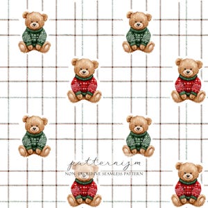 May include: A repeating pattern of brown teddy bears wearing green and red sweaters, set against a white background with a brown plaid design. The bears are in a sitting position. The text "patternizm" is visible.