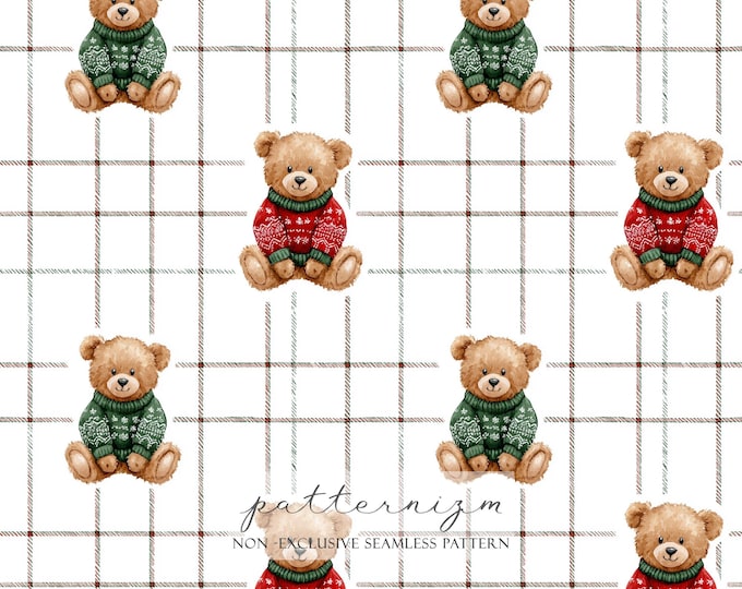 Christmas Teddy Bears with Plaid Seamless Pattern Paper, Holiday, Red, Green, Sweaters, Festive, Scrapbooking, Journal, Trendy, Trending Now