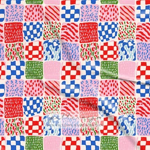May include: A colorful seamless pattern featuring a grid of squares with various designs. The squares display patterns like red and white checks, blue and white checkerboards, and pink dotted textures. The text "patternizm" is visible.