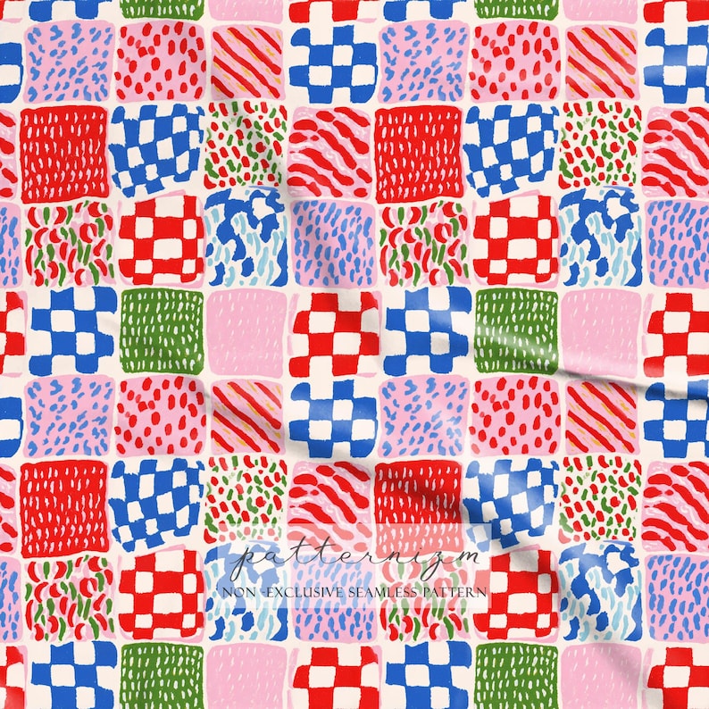 May include: A colorful seamless pattern featuring a grid of squares with various designs. The squares display patterns like red and white checks, blue and white checkerboards, and pink dotted textures. The text "patternizm" is visible.
