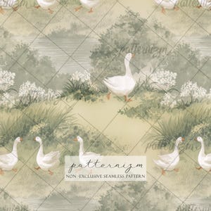 Puede incluir: Ilustración en acuarela de gansos en un paisaje natural. La obra presenta gansos blancos con picos y patas naranjas, sobre un fondo de follaje verde, flores blancas y una paleta de colores suaves y apagados. El texto "patternizm" es visible.