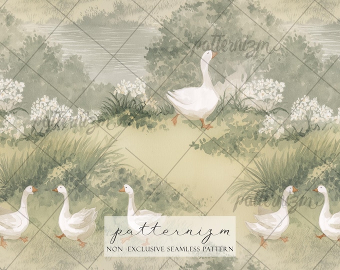 Seamless Soft Goose Pattern Digital Download – Whimsical Pond Life & White Duck Design, Cottagecore Garden Fabric for Nursery Kids