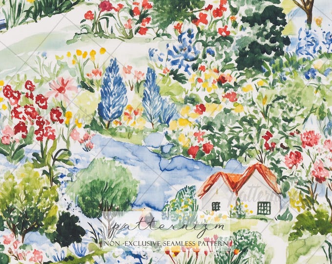Seamless Cottagecore Landscape Pattern Digital Download – Whimsical Countryside Garden Design, Floral Meadow & Cottage Scene Fabric