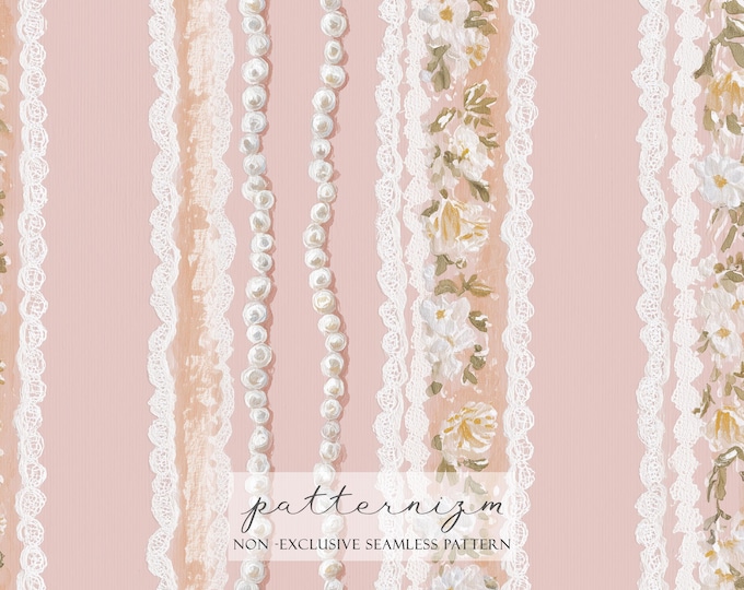 Vintage Pearl & Lace Seamless Pattern – Pink Ribbon Stripe Digital Download, Coquette Aesthetic Fabric, Shabby Chic Romantic Floral Design