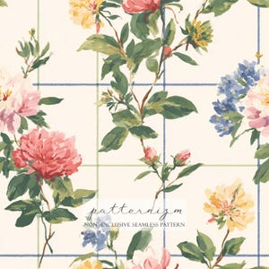 Könnte beinhalten: Nahtloses Blumenmuster mit Aquarellblumen in Rosa, Gelb und Blau, mit grünen Blättern und Stielen. Das Design enthält ein Rastermuster mit blauen und grünen Linien. Der Text "patternizm" und "NON-EXCLUSIVE SEAMLESS PATTERN" sind sichtbar.