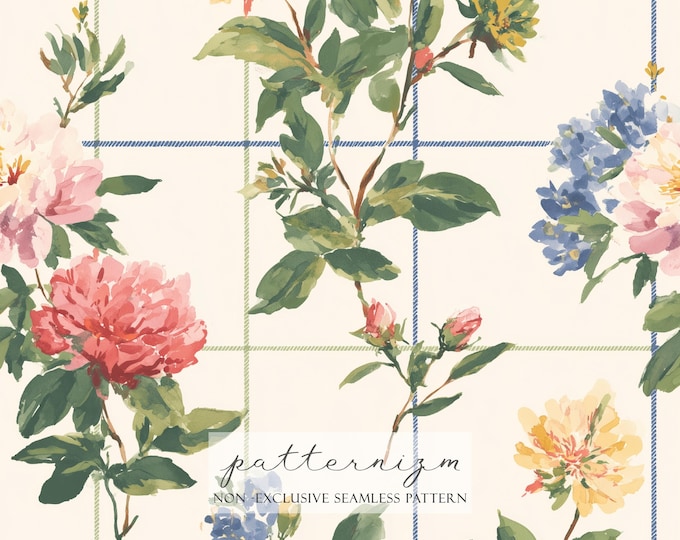 Plaid Floral Seamless Pattern – Vintage Cottage Garden Flowers on Grid, Watercolor Preppy Check Repeat Design for Fabric, Wallpaper & Crafts