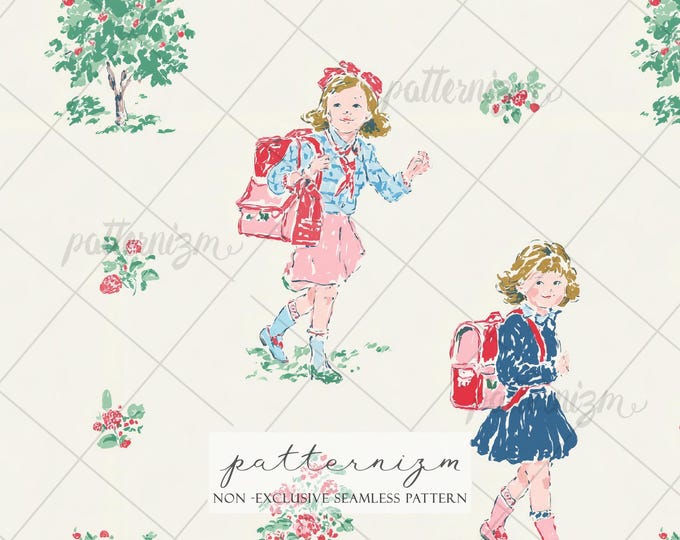 Seamless Vintage School Girl Pattern Digital Download – Retro Children Illustration, Nostalgic Fabric Print