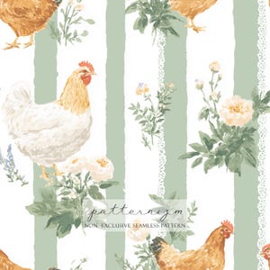 May include: Seamless pattern featuring chickens, flowers, and green stripes on a white background. The design includes watercolor-style illustrations of hens, roses, and other floral elements. The text "patternizm" and "NON-EXCLUSIVE SEAMLESS PATTERN" are also present.