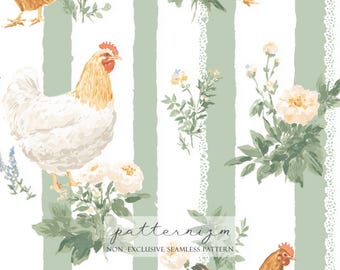 Ländliches Hühnergarten-nahtloses Muster - salbeigrüne Streifen mit Blumen, gemütliches Bauernhaus-Digital-Papier