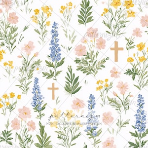Spring Meadow Cross Seamless Pattern – Soft Easter Flowers and Cross Motifs, Watercolor Digital Paper