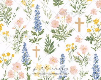 Spring Meadow Cross Seamless Pattern – Soft Easter Flowers and Cross Motifs, Watercolor Digital Paper