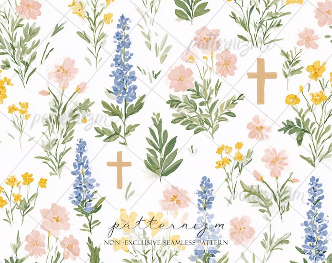 Spring Meadow Cross Seamless Pattern – Soft Easter Flowers and Cross Motifs, Watercolor Digital Paper