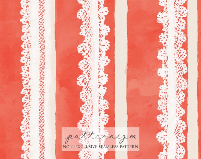 Red Lace Stripe Seamless Pattern – Vintage Valentine Ribbons and Stripes, Shabby Chic Digital Paper