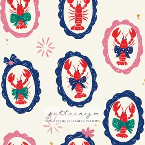 May include: A repeating pattern of red lobsters with bow ties, framed in blue and pink oval frames, on a cream background. The design includes the text "patternizm NON-EXCLUSIVE SEAMLESS PATTERN" and decorative elements.
