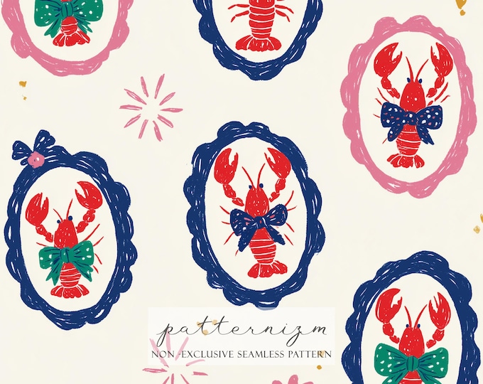 Lobster Seamless Pattern Digital Download – Nautical Crustacean with Bows, Coastal Preppy Repeat