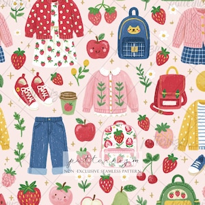 May include: A seamless pattern featuring children's clothing and accessories. The design includes red strawberry-themed jackets, dresses, backpacks, and apples on a light pink background. Red sneakers, jeans, and coffee cups are also present.