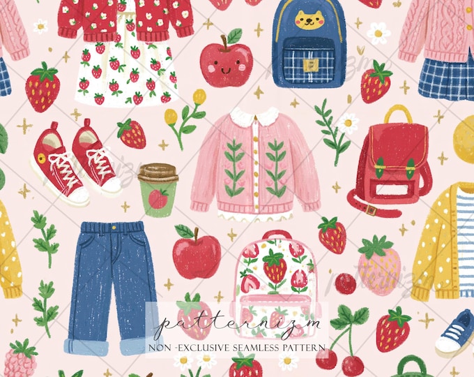 Seamless Girly Back to School Pattern Digital Download – Strawberry Backpack Preppy Outfit Print, Cute Kids Fabric & Teacher Design