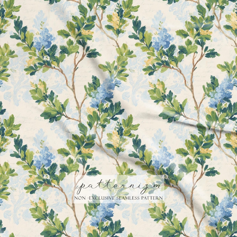May include: A seamless pattern featuring watercolor illustrations of flowering branches with blue and yellow blossoms and green leaves. The branches are set against a cream background with a subtle damask design and script. The text "patternizm" and "NON-EXCLUSIVE SEAMLESS PATTERN" are visible.