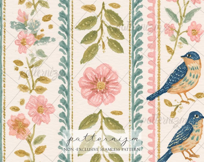 Seamless Vintage Floral Stripe Pattern Digital Download – Painted Flowers and Birds, Cottagecore Fabric