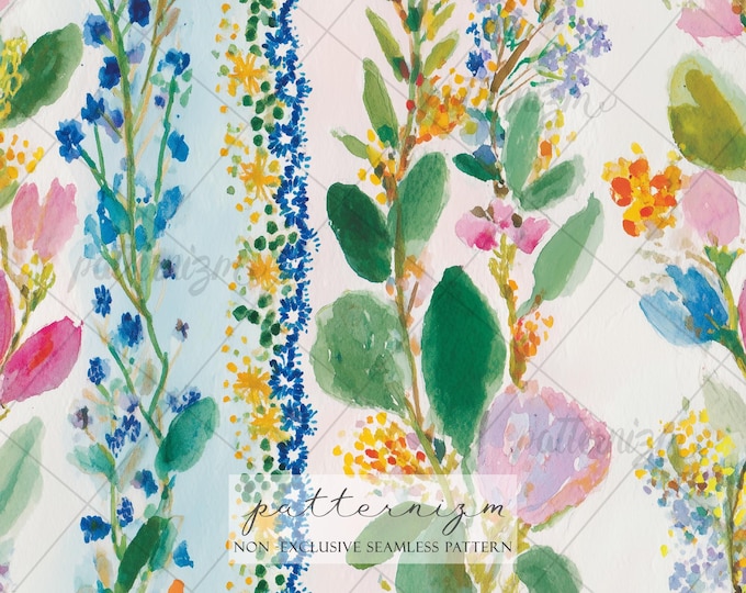 Wildflower Stripe Seamless Pattern, Watercolor Botanical Garden Design, Soft Pastel Floral Lines, Spring Fabric Print, Nature Pattern