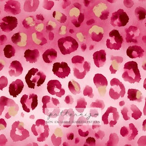 May include: A seamless leopard print pattern in watercolour style, with pink and burgundy spots and gold accents. The design includes the text "patternizm" and "NON-EXCLUSIVE SEAMLESS PATTERN".