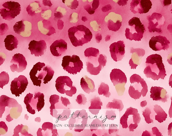 Pink Leopard Seamless Pattern – Watercolor Hot Pink & Gold Animal Print Digital Paper for Fashion, Fabric, Scrapbooking, Decor,