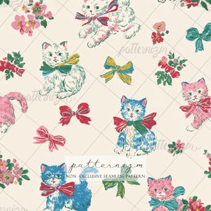 May include: Seamless pattern featuring kittens in various colors, adorned with bows and floral accents. The kittens are in shades of blue, pink, and white, set against a cream-colored backdrop with a grid pattern. The text "patternizm" is visible.