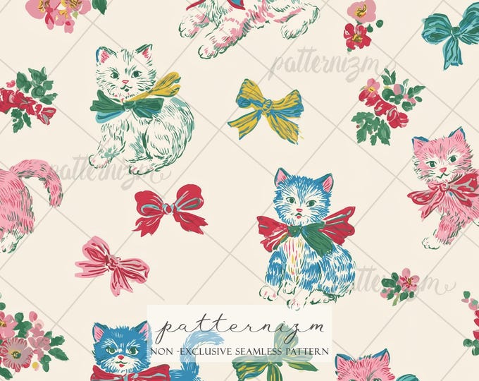 Seamless Bow Kitten Pattern Digital Download – Vintage Coquette Cat Print, Whimsical Floral Kitty Design, Cute Nursery Fabric