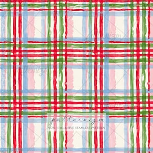 May include: A seamless pattern featuring a watercolor-style plaid design with intersecting vertical and horizontal lines in red, green, light blue, and soft pink on a cream background. The text patternizm NON-EXCLUSIVE SEAMLESS PATTERN is visible.