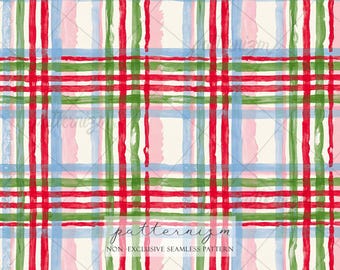 Christmas Plaid Seamless Pattern Digital Download, Red Green Blue Pink Hand Painted Holiday Design