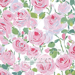 Puede incluir: Un patrón sin costuras con rosas rosas con hojas y tallos verdes sobre un fondo blanco. Las rosas tienen diferentes tonos de rosa y rojo, con algunos acentos azules. El texto "patternizm" y "NON-EXCLUSIVE SEAMLESS PATTERN" es visible.