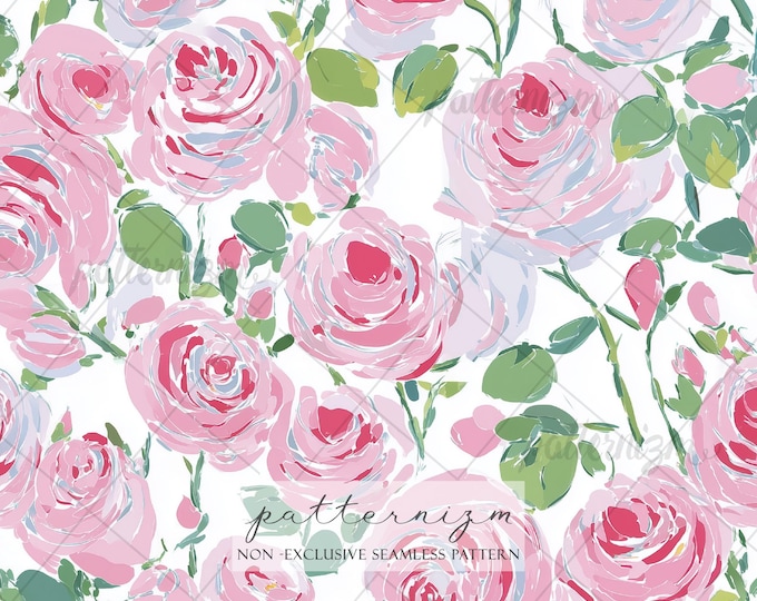Seamless Pink Rose Pattern Digital Download – Whimsical Impressionist Floral Design, Shabby Chic Rose Fabric for Nursery & Home Decor