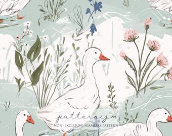 Watercolor Goose Seamless Pattern – White Farm Geese in Soft Meadow Scene with Flowers, Pastel Animal Digital Paper